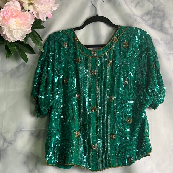 Vintage Tops - VintageWomen's Green 100% Silk Sequin Short Sleeve Button-Down Dressy Top Size S